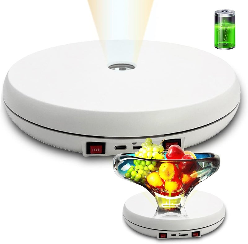 JAYEGT Motorized Rotating Display Stand with LED Light , 10 inch /55lbs Load, 360 Turntable Display Stand for Photography Products Shows, Jewelry, Watch (White / White LED Light/ Rechargeable ) - Image 1